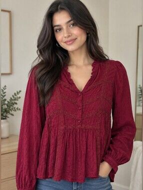 Boho Lace-Detail Button Front Peasant Blouse - Burgundy